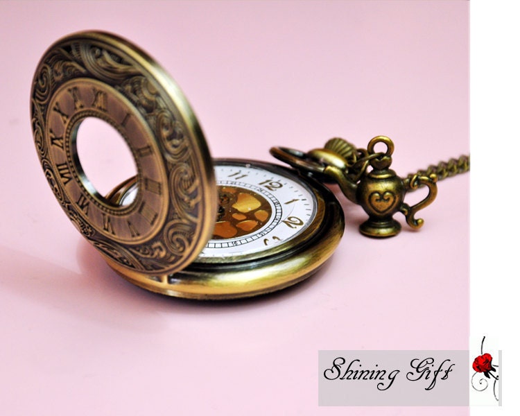 Vintage Pocket Watch Necklace, Roma Number with a vintage teapot, Time for Tea (Big Size)