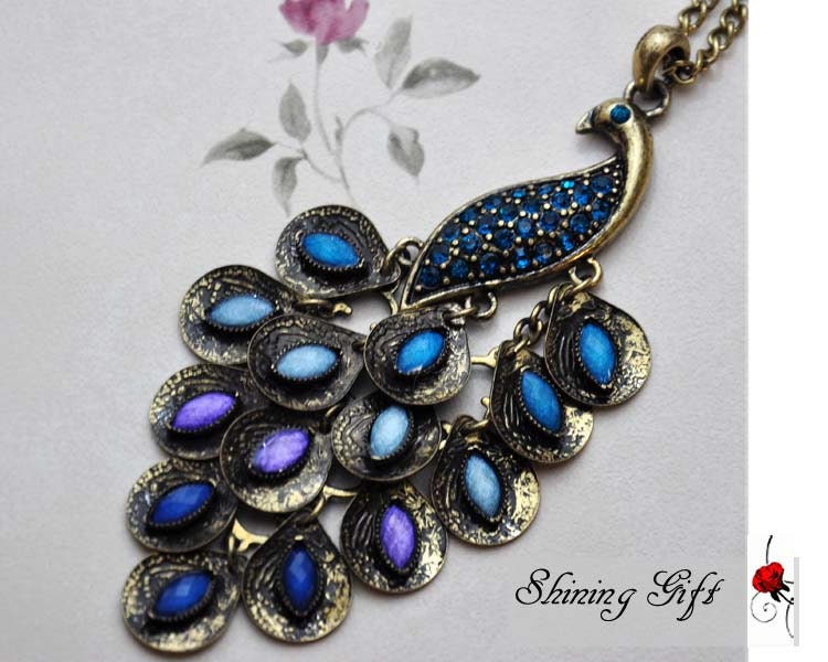 Brass peacock necklace, peacock jewelry