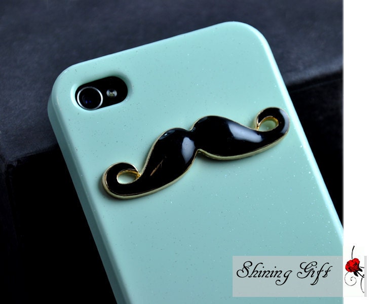 BLACK Mustache Mint Green Iphone 4 Case Cover, iPhone 4s Case, iPhone 4 Hard Case, Light Green iPhone Case