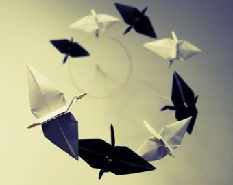 Reserved: Origami Spiral Mobile - Black and White Cranes with RUSH FEE