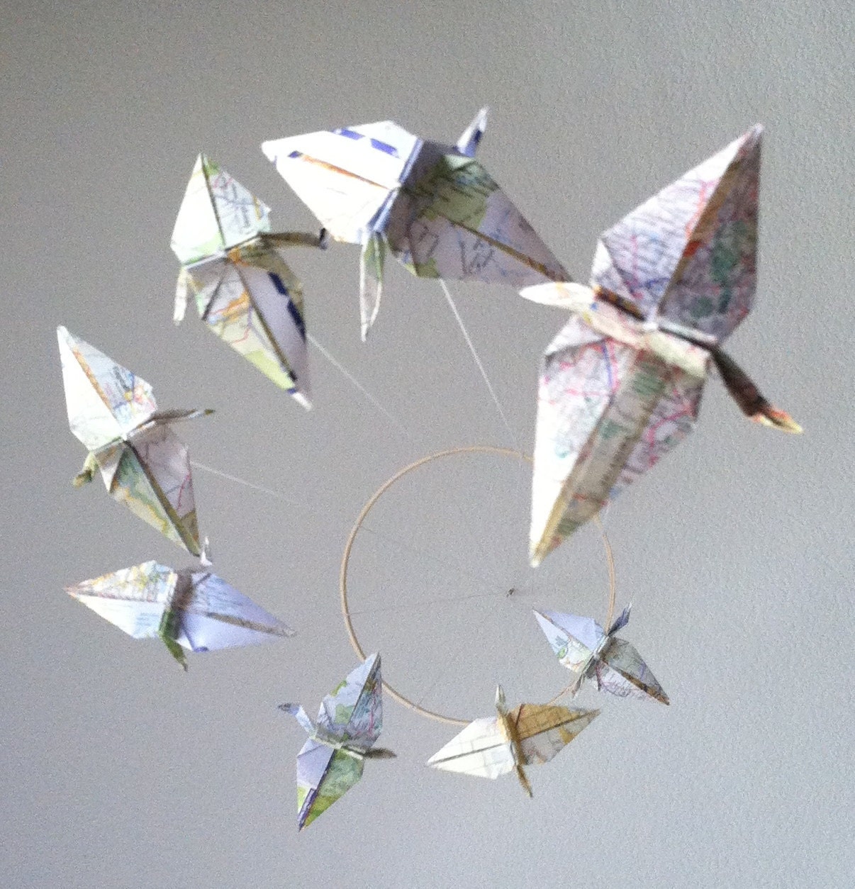 Upcycled Atlas Spiral Origami Crane Mobile