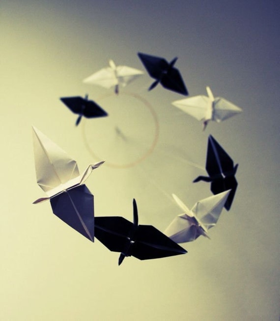 Origami Spiral Mobile - Black and White Cranes