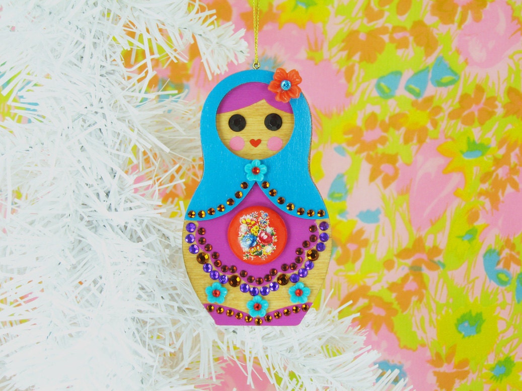 Matryoshka Ornament Nesting Doll Jeweled Wood Hand Painted Blue Purple