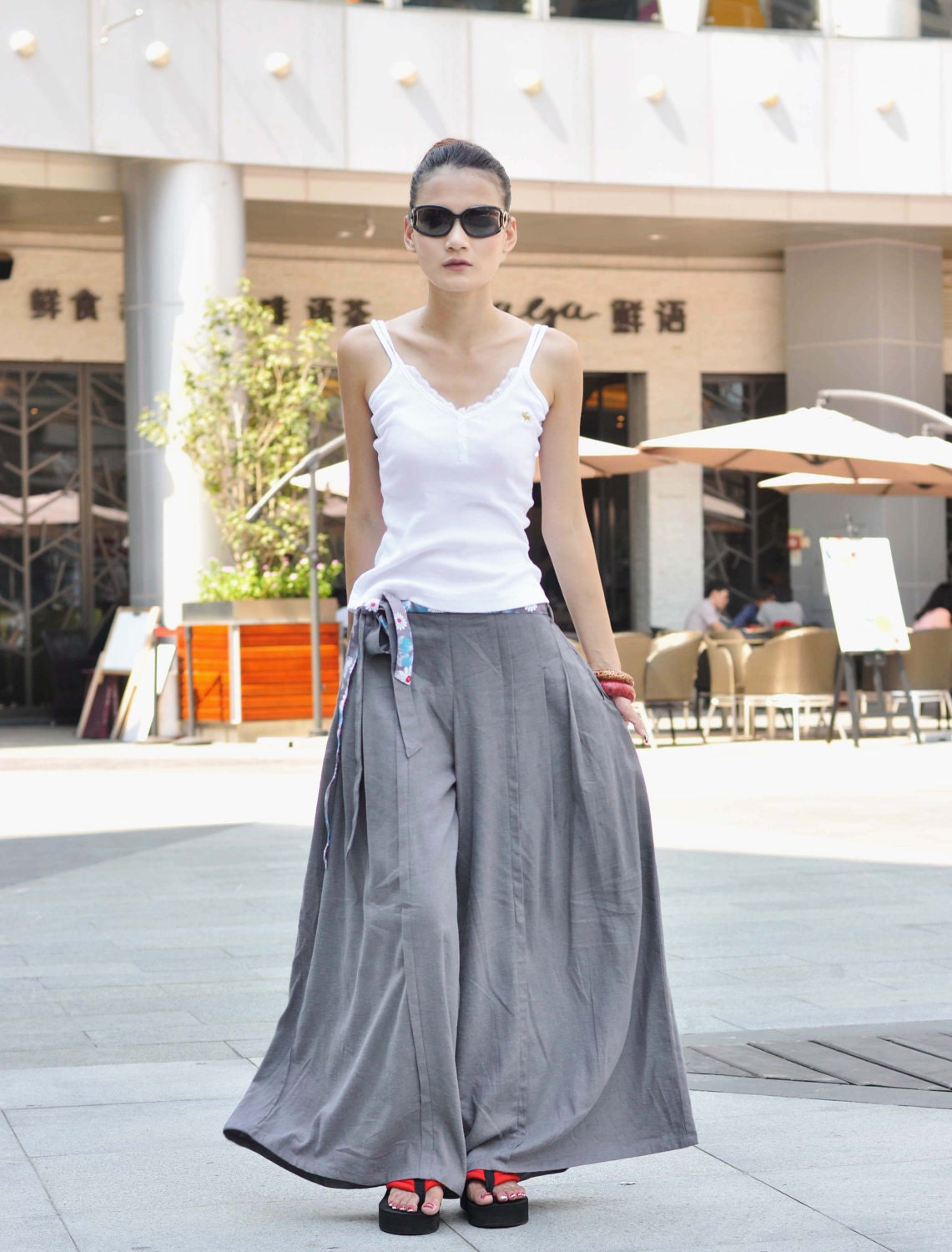 Light Gray Casual Linen Wide Legs Long Pants Skirt - NC044