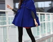 Blue Hoodie Cashmere Coat Double Breasted Hooded Wool Winter Cape Coat Wool Winter Jacket for Women - NC229