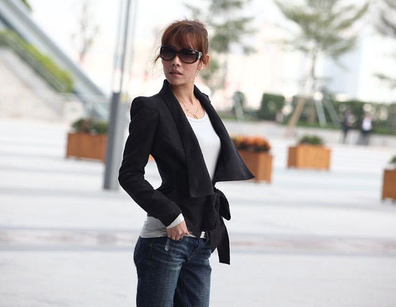 Black Jacket Shrug Design Fitted Faux Suede Leather Jacket Casual Chic Coat Blazer - Custom made - NC235