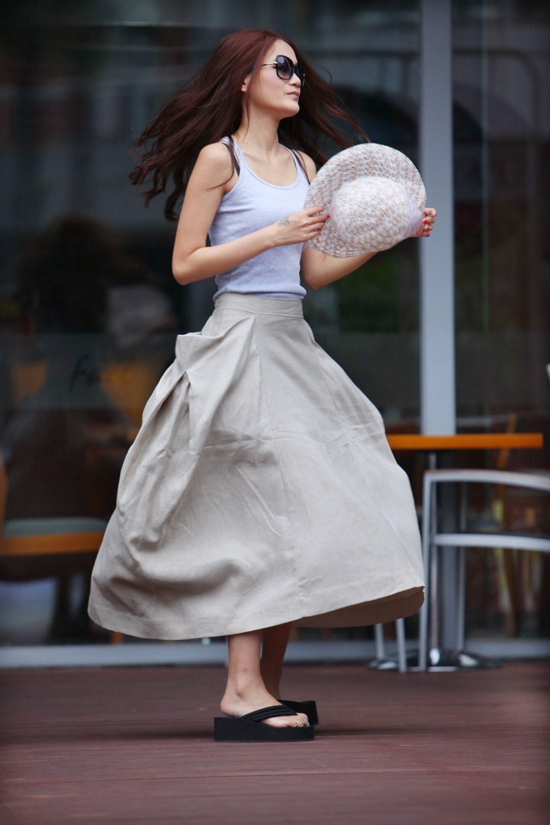 Lagenlook Maxi Skirt Big Pockets Big Sweep Long Skirt in Cream-colored Summer Linen Skirt - NC332