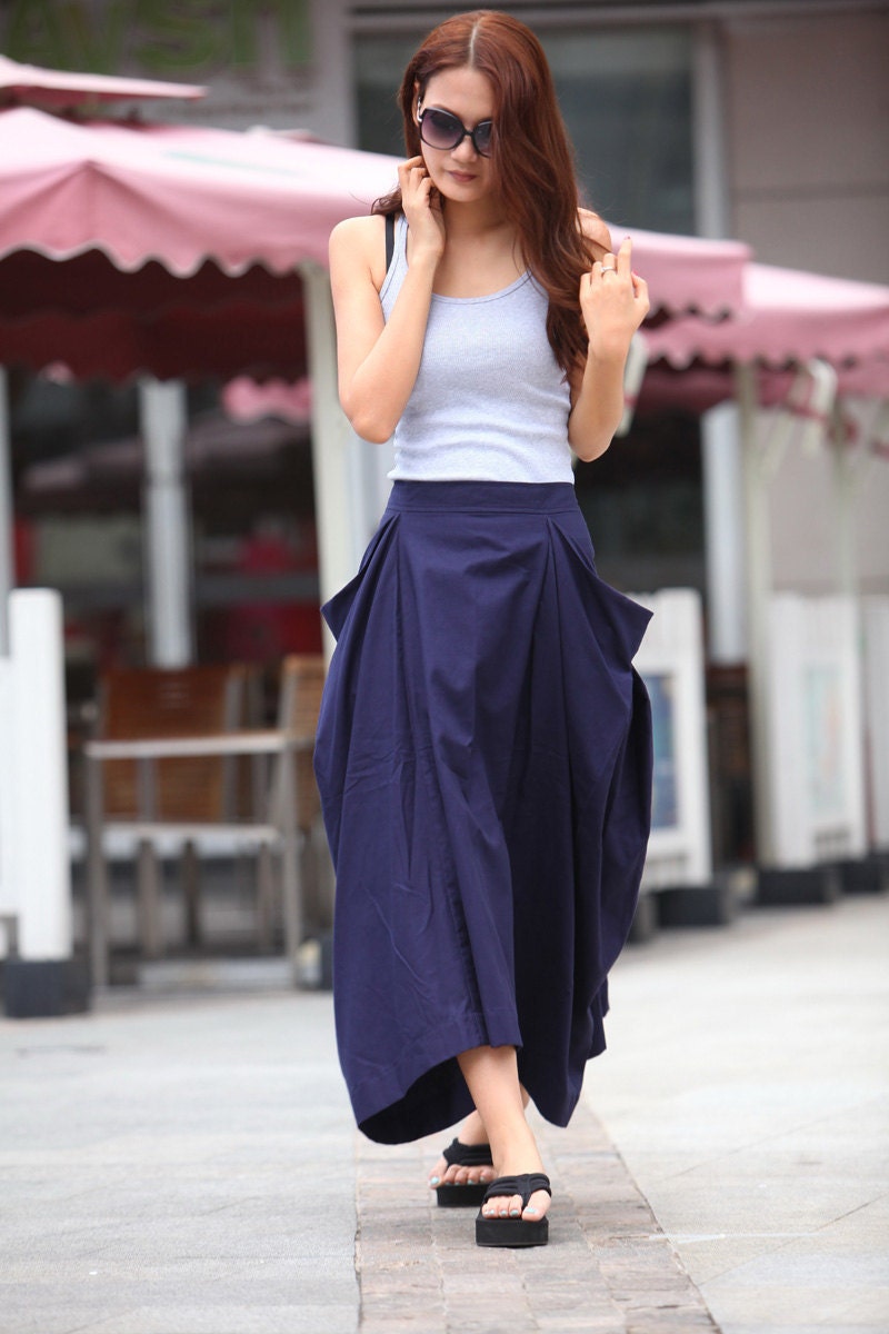 Lagenlook Maxi Skirt Big Pockets Big Sweep Long Skirt in Navy Blue Summer Linen Skirt - NC333
