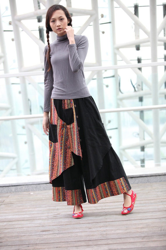 Black Indian Ethnic Linen Patchwork Wide Leg Pants skirt - NC234