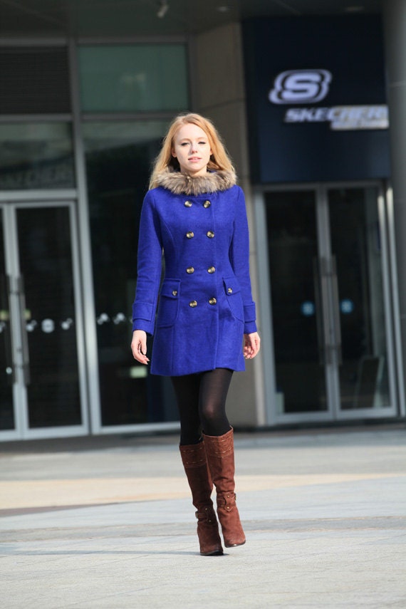 Graceful Blue Wool Coat Hooded Coat Double Breasted Hoodie Cashmere Coat Women Coat Winter Jacket - NC257