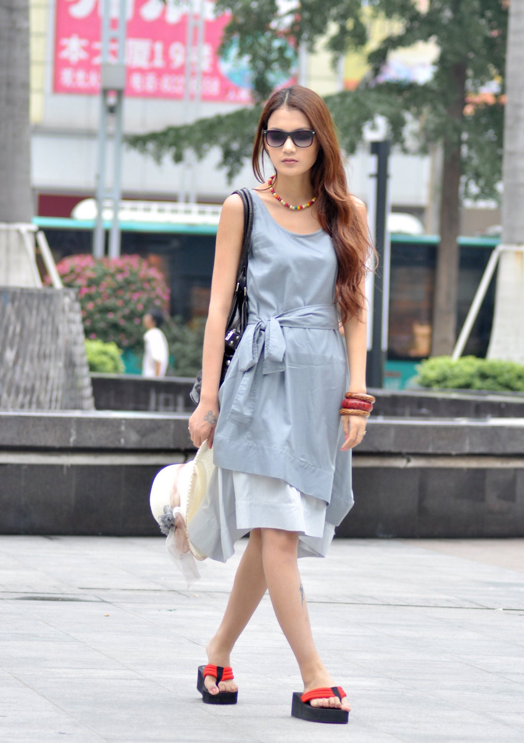 Grey Dress Two Layers Vest Long Sundress Silk Cotton Dress Custom Made - NC008