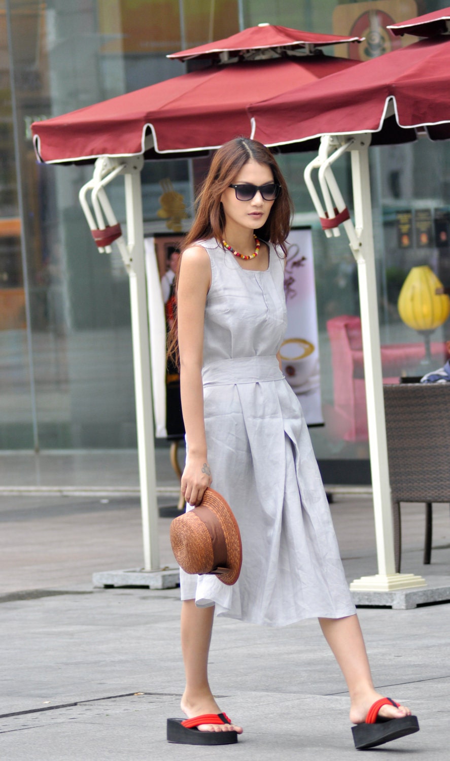 Light Grey Sleeveless Linen Long Dress - NC028