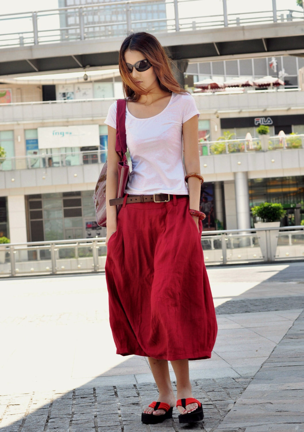 Romantic Bud Skirt Summer Skirt Linen Skirt in Wine Red - NC046