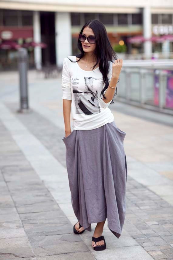 Lagenlook Hot Maxi Skirt Unique Long Skirt in Gray - NC144