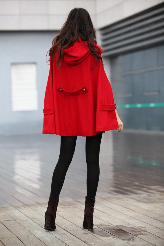 RED Cape Coat Double Breasted Cape Hooded Wool Winter Cape Coat Hood Wool Cloak Hoodie Cashmere Cape Jacket for Women - NC228