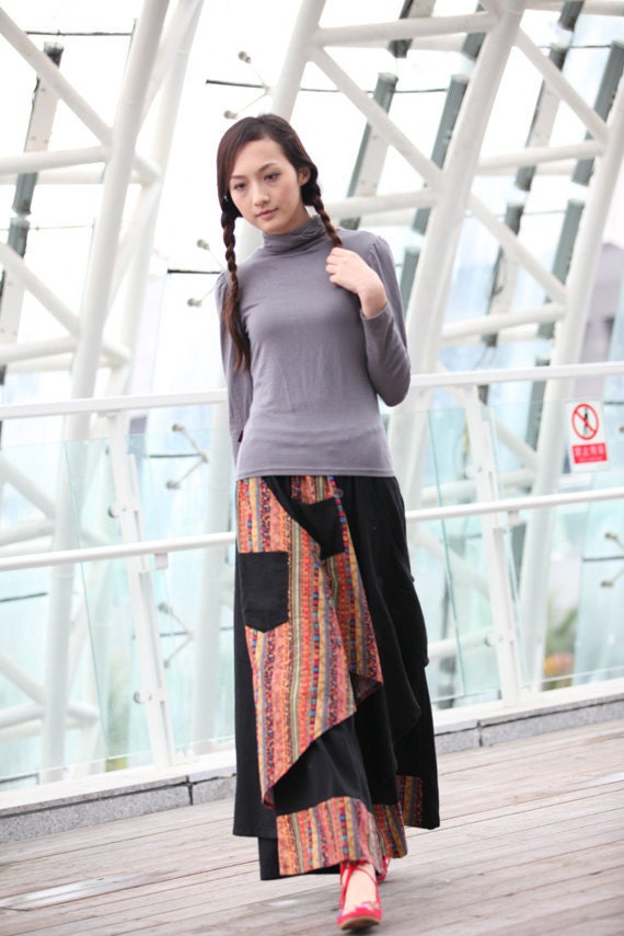 Black Indian Ethnic Linen Patchwork Wide Leg Pants skirt - NC234