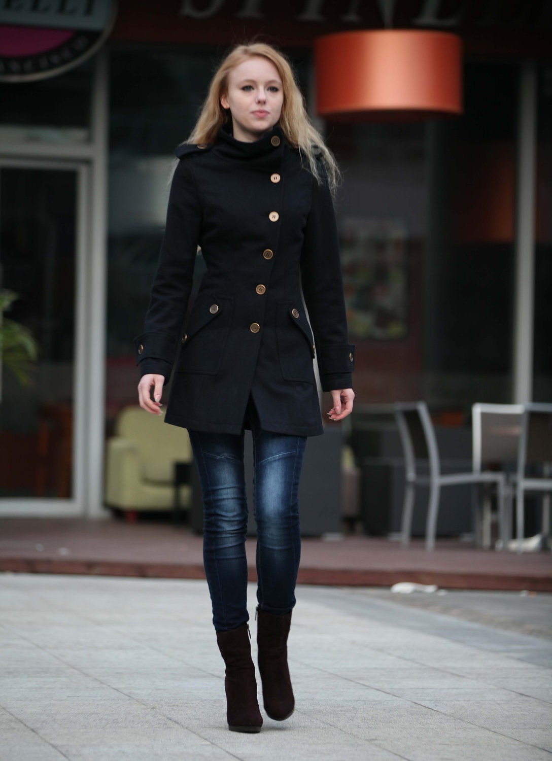Black Coat Fitted Military Jacket Winter Wool Jacket Casual Cashmere Women Coat - Custom made - NC261