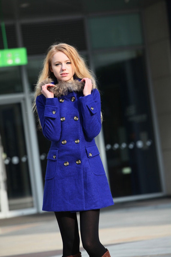 Graceful Blue Wool Coat Hooded Coat Double Breasted Hoodie Cashmere Coat Women Coat Winter Jacket - NC257