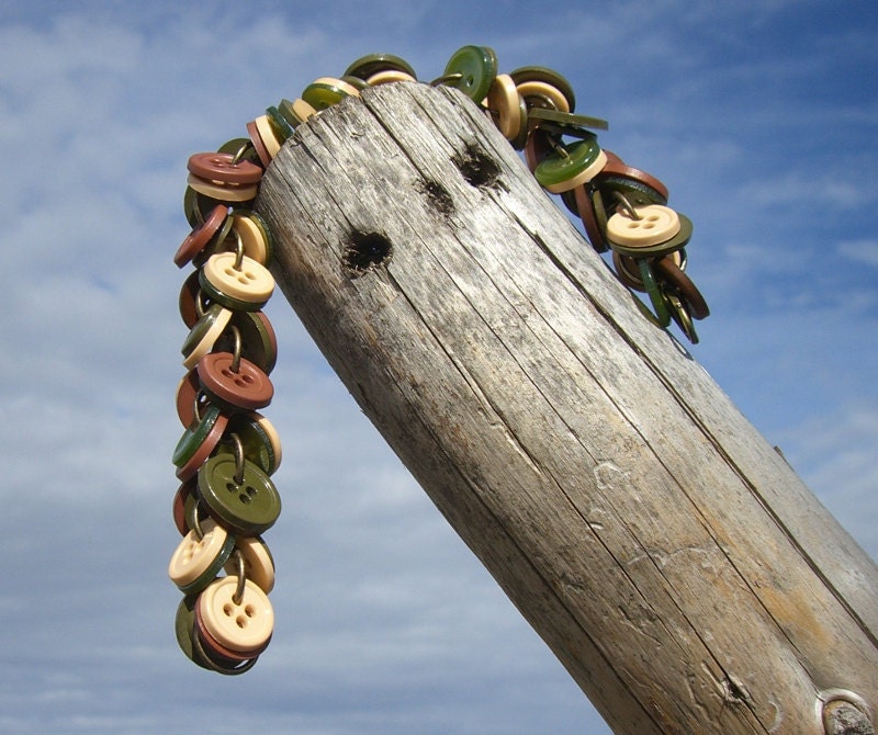 Rustic Button Bracelet in Forest Green, Brown, and Tan, Button Charm Bracelet, Country Primitive, Earth Tones
