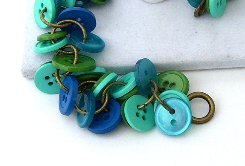 Button Bracelet, Blue, Turquoise, Lime Green, Chunky Bracelet