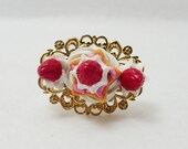 Miniature strawberry cream polymer clay gold ring for Women and Teens
