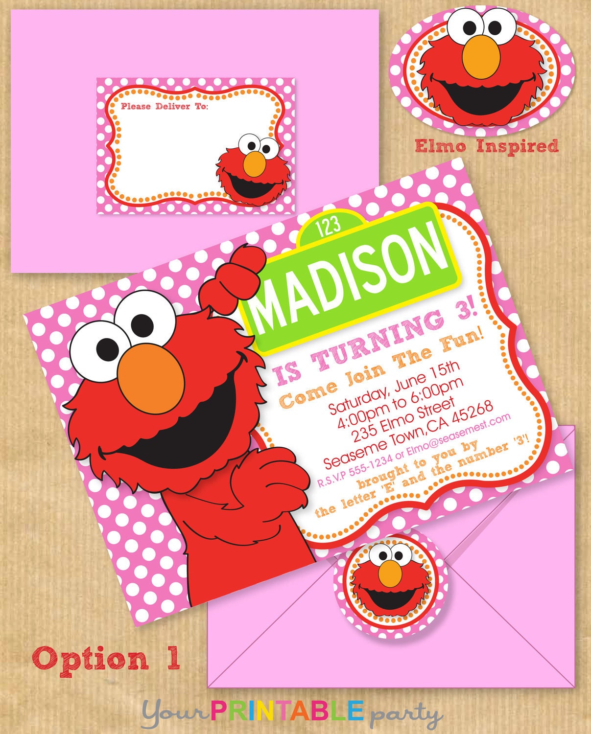 Girls ELMO Party Invitation 5x7" with Address Labels, Now Includes Envelope Templates - DIGITAL files only - PERSONALIZED Print yourself