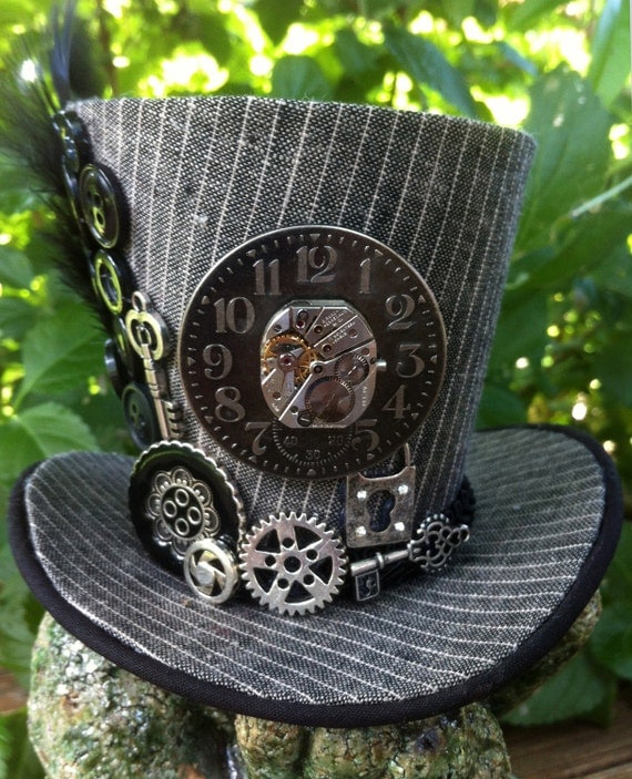 Tiny Top Hat - Steampunk - Mini Top Hat -  Grey Pinstripe, Clock, Gears, Key, Keyhole, Button