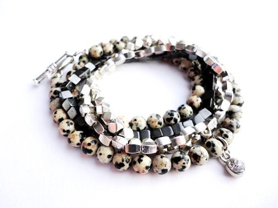 Gemstone Bead Bracelet Set / Dalmatian Jasper & Silver Bracelets / Crystal Charm / Multiple Strand / Toggle Clasp