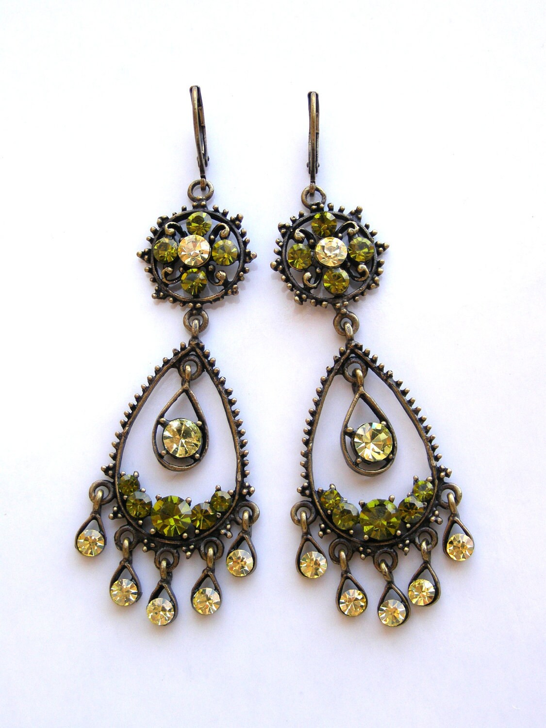 Chandelier Earrings. Olive Green and Lime Green Crystals Chandelier Dangle Earrings