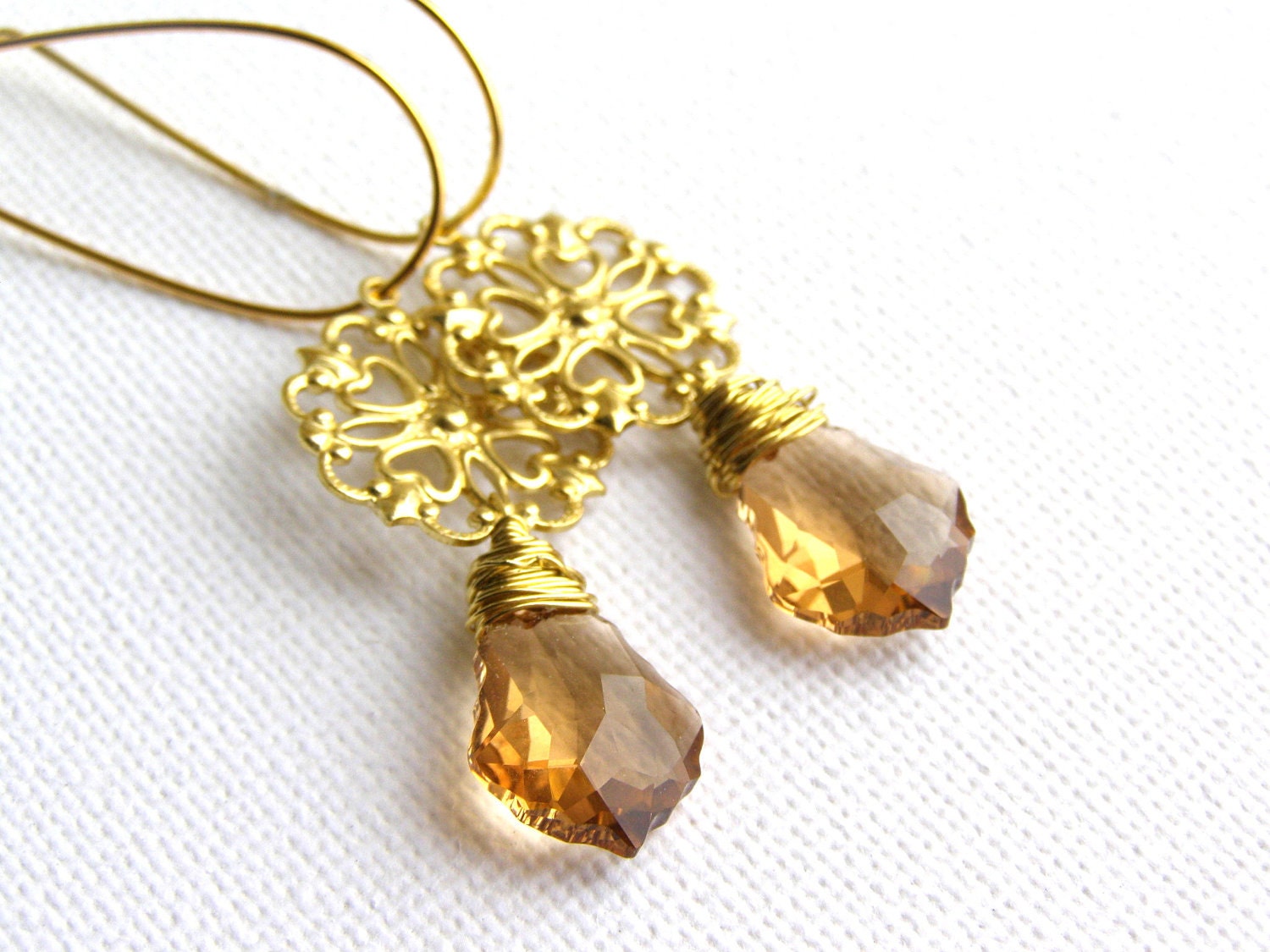 Topaz Long Earrings. Lace Filigree Charm. Dangle Gold Plated Earrings Hook French Earwires.