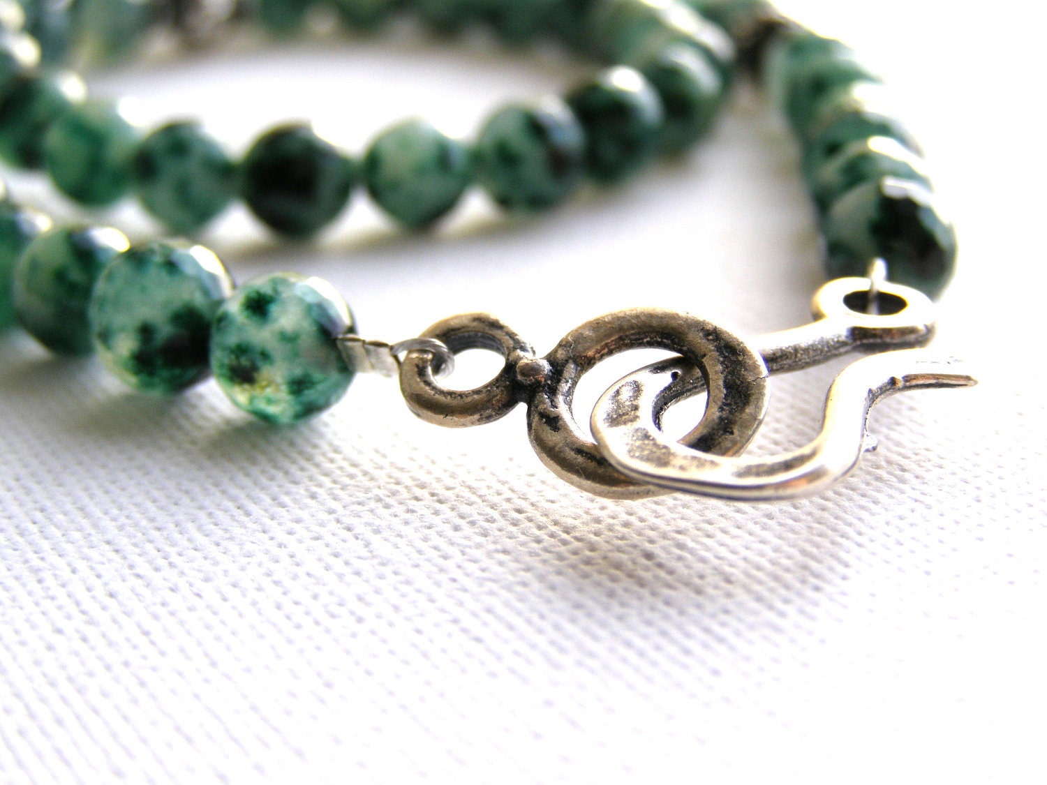 Green Emerald Necklace - Gemstone Necklace, Silver Beads ,Faceted Stones, Silver Pendant Toggle Clasp