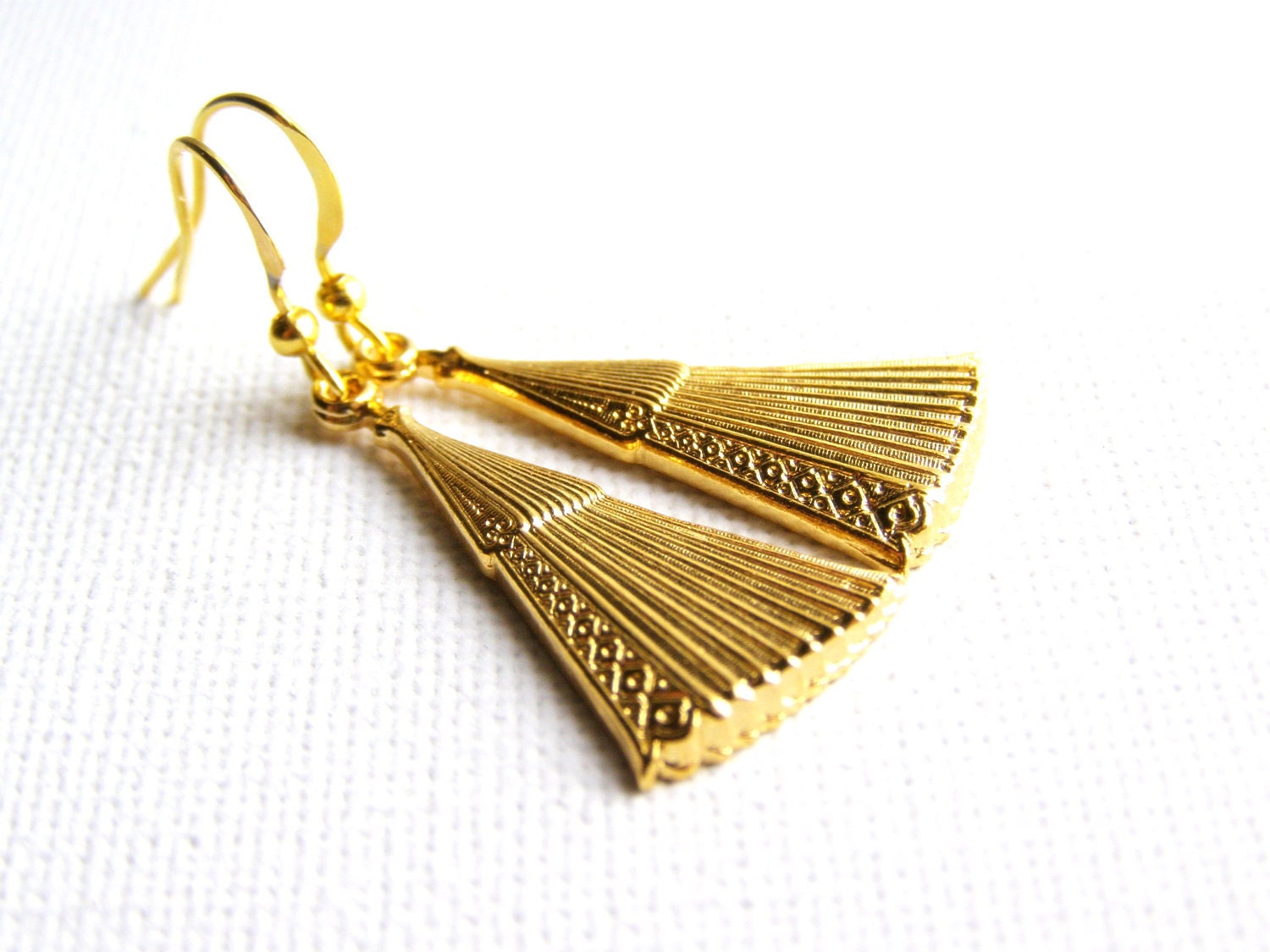 Gold Triangle Dangle Earrings, Vintage Style Metal Gold Plated Earrings