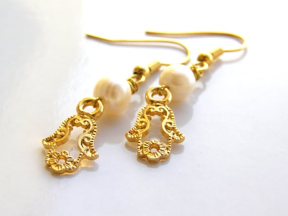 Hamsa Earrings. Gold Plated Hamsa Hand Pendant Earrings With Pearls