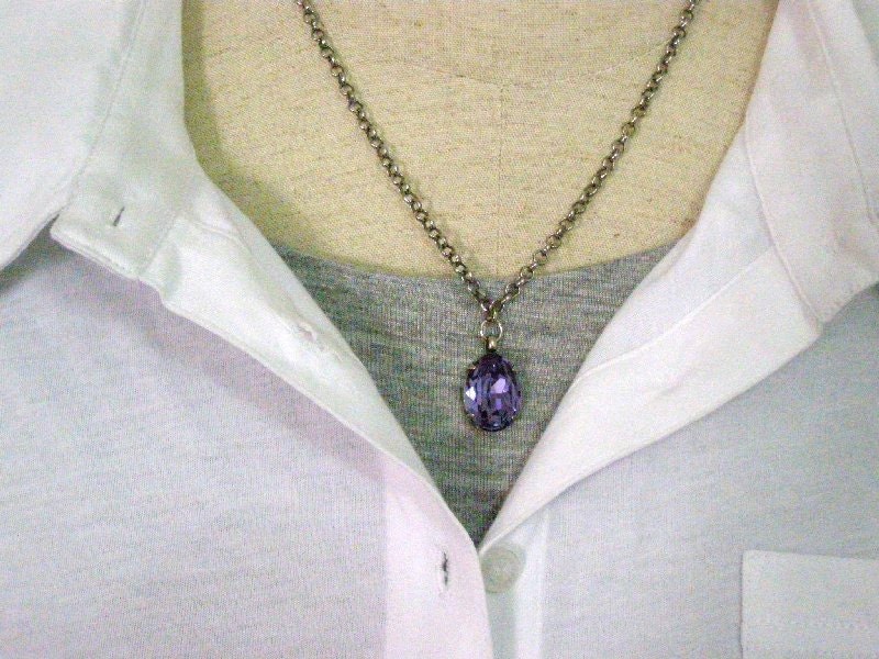 Amethyst Necklace. Purple Amethyst Swarovski Crystal Pendant On A Chain Necklace.