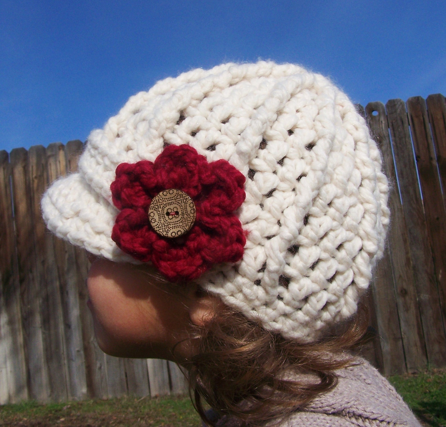Crochet Newsboy Hat with Flower- Cream - Cranberry- Baby Toddler Size