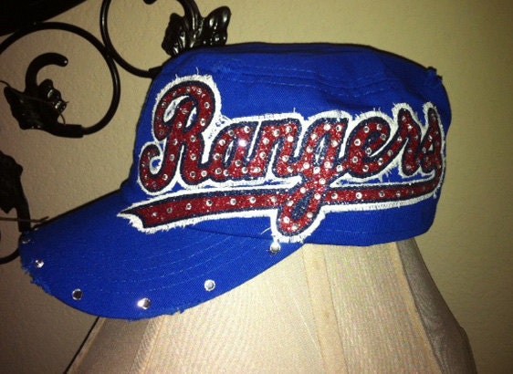 Texas Rangers Script font Cadet Cap w/ Rhinestone Accents and sparkle - Royal