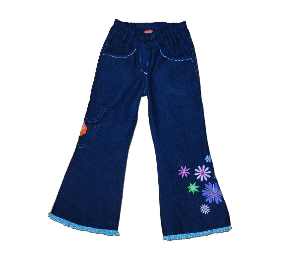 Girls Pants Ruffle Girls Jeans Denim Fall Winter 5 6 Y Farbenmix Flower Euro Style Boutique OOAK Unique