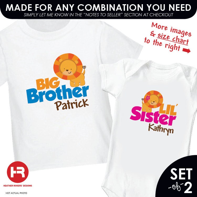 Lion Big Brother & Lion Little Sister Shirts or Bodysuits - 2 Personalized Sibling Shirts