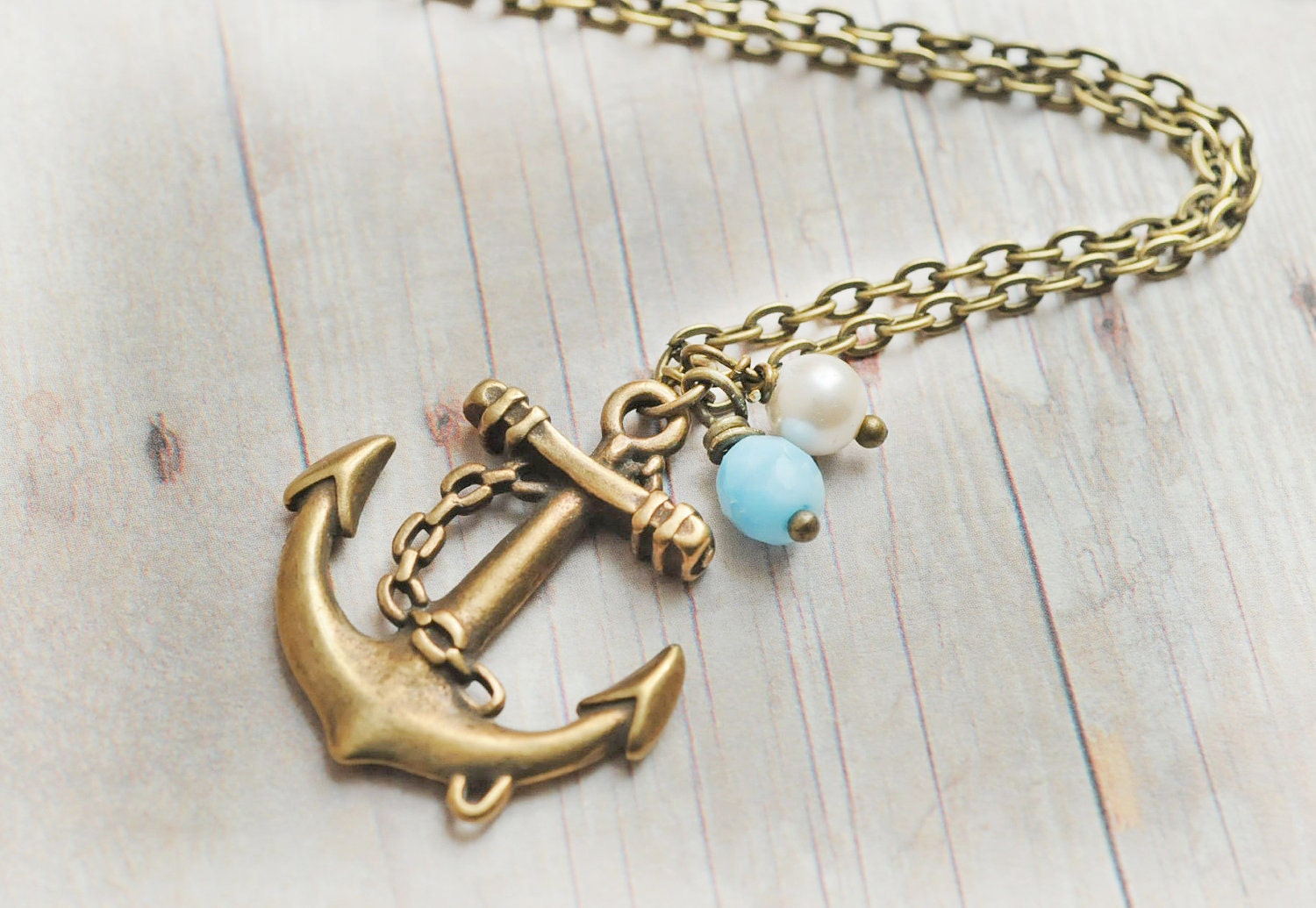 Anchor Jewelry Anchor Necklace Nautical Jewelry Vintage Pearl Turquoise Czech Glass Preppy Beach Wedding