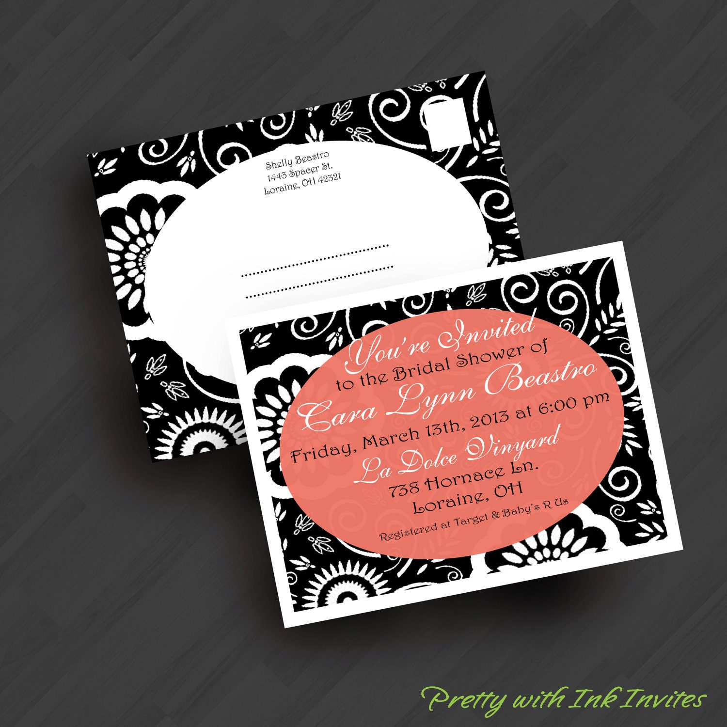Floral Swirl Invitations for Engagement/Rehearsal Dinner/Wedding/Shower/Your Special Event (Shown in Black/White/Coral also Teal and Purple)