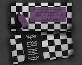 Alice in Wonderland Style Halloween/Birthday Party Invitations - (Shown in Purple, Black, and White)
