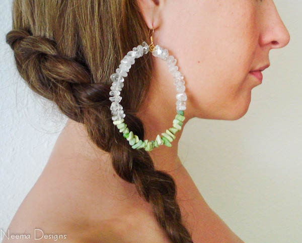 Stone & Flair Collection - Natural quartz crystal and  light serpentine bead oval hoop earrings