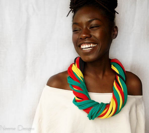 ONE LOVE Cotton chunky twisted scarf necklace with bright yellow, red, green and black  jersey