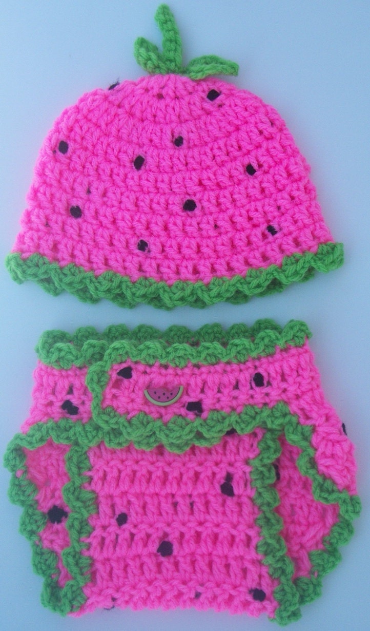 Baby Girl Crochet Watermelon Diaper Cover Set-Ruffled Hat With Stem & Ruffled Diaper Cover-Size Newborn- 0/3mo 3/6mo 6/12mo-Photo Prop