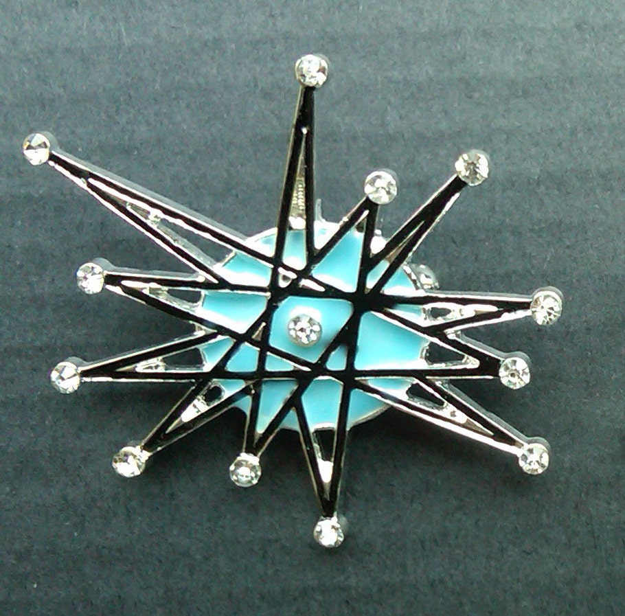 handpainted- ATOMIC STARBURST retro vintage look  franciscan BROOCH rhinestone pin jewelry pinup  star burst mid century sputnik