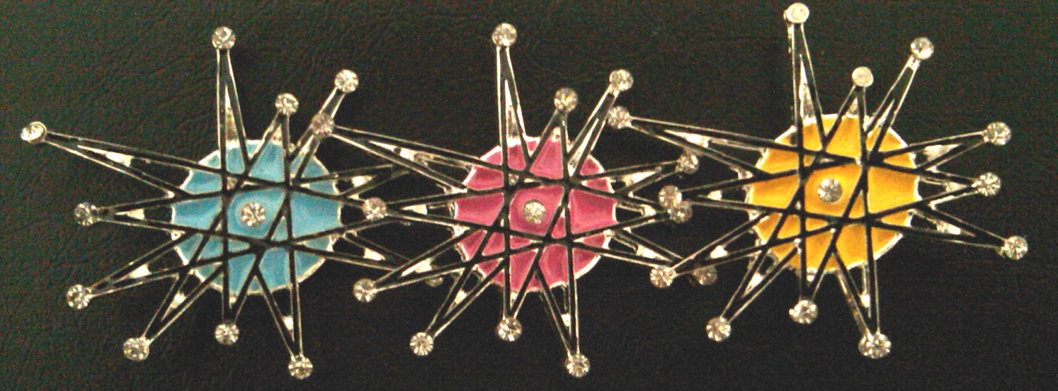set 3 handpainted- ATOMIC STARBURST retro vintage look  franciscan BROOCH rhinestone pin jewelry pinup  star burst mid century sputnik