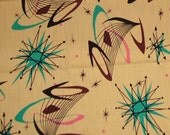 orange mod BOOMERANG BURST atomic 60s 50s BARKCLOTH textile fabric franciscan starburst eames era panton vtg fan vlv curtains tablecloth