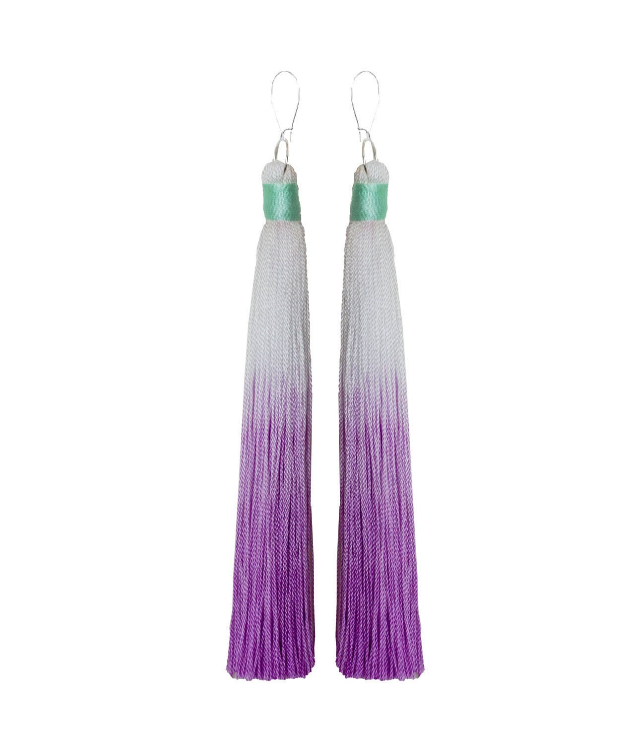 Long duster fringe tassel earrings in ombre purple and Aqua