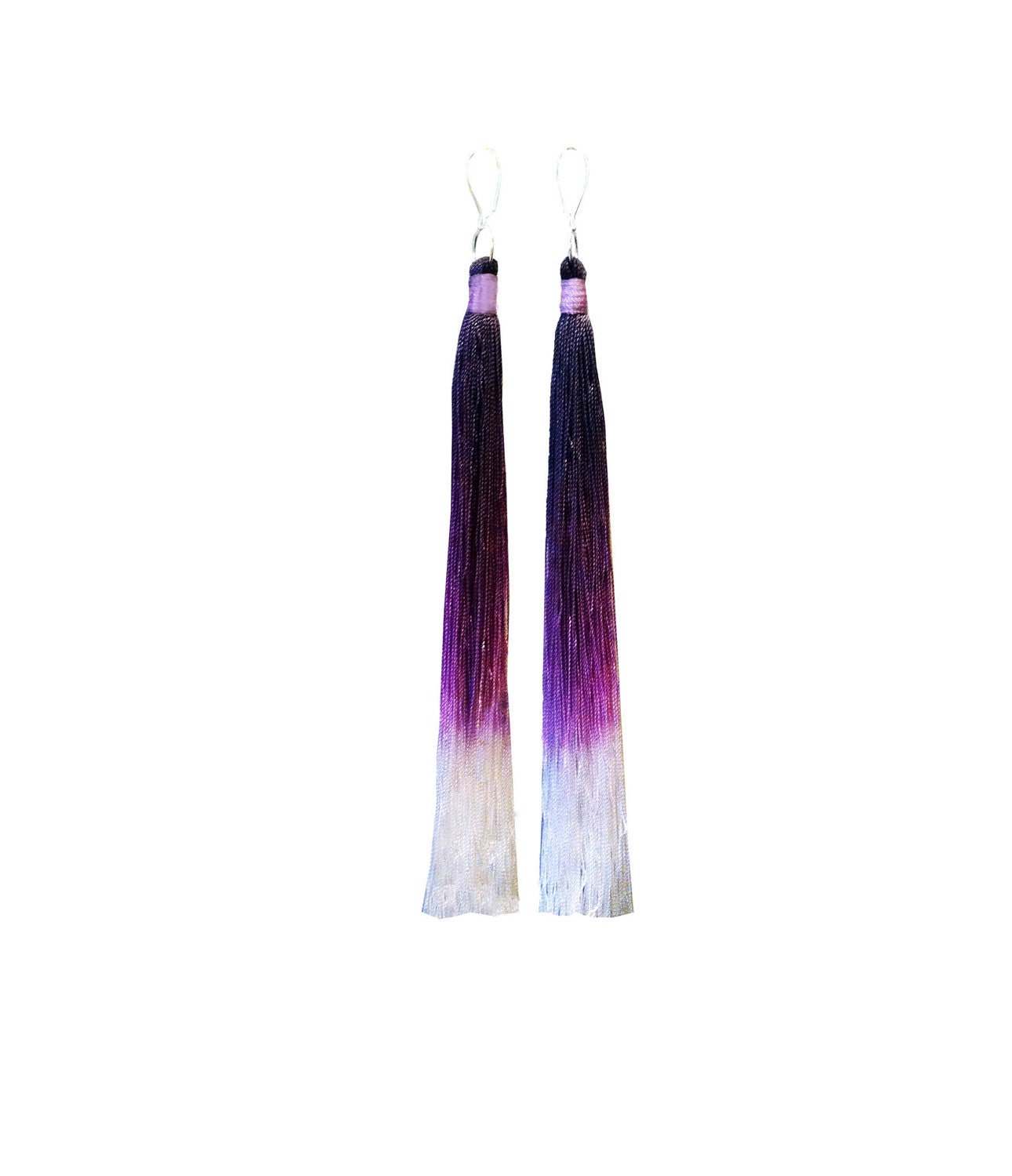 Long duster fringe tassel earrings in ombre dark purple to white