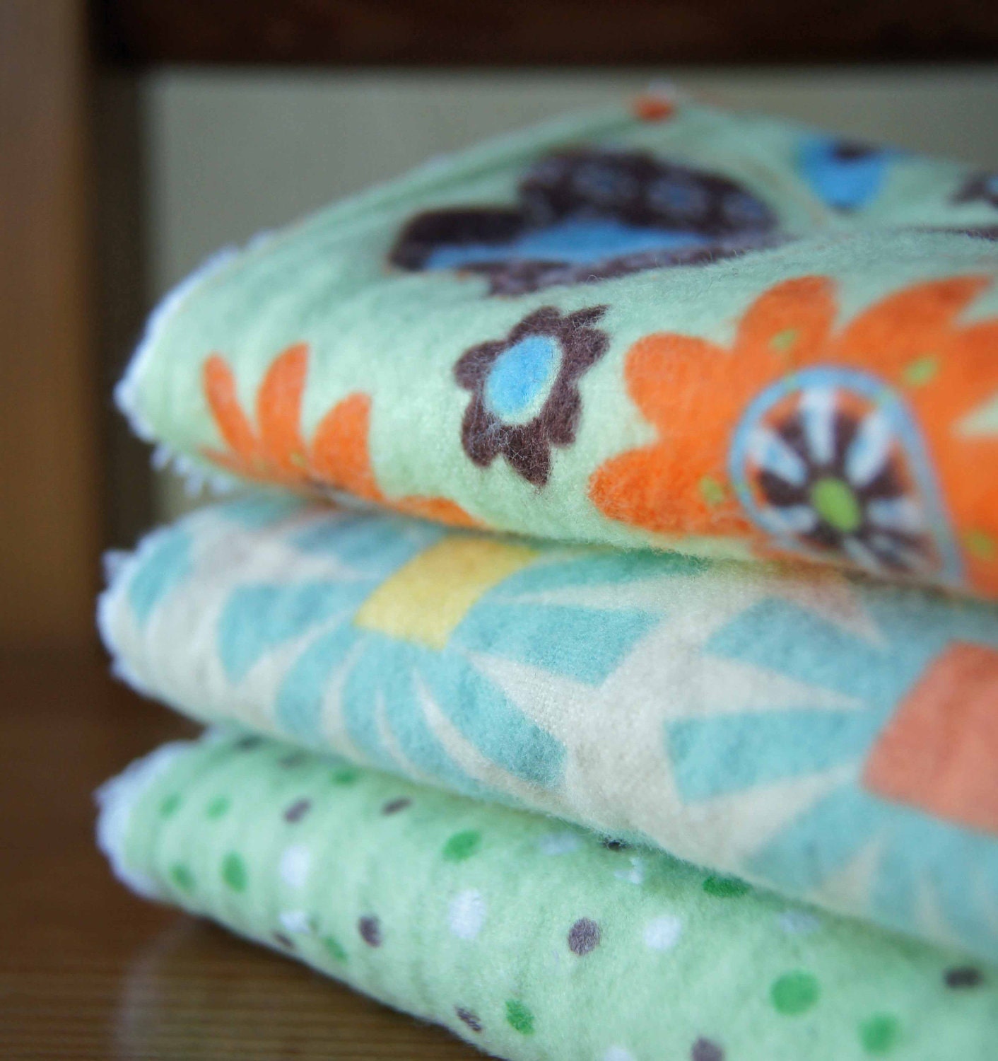 Burp Cloths for Baby Girls or Boys - Elephants & Flowers - Green, Orange, Brown